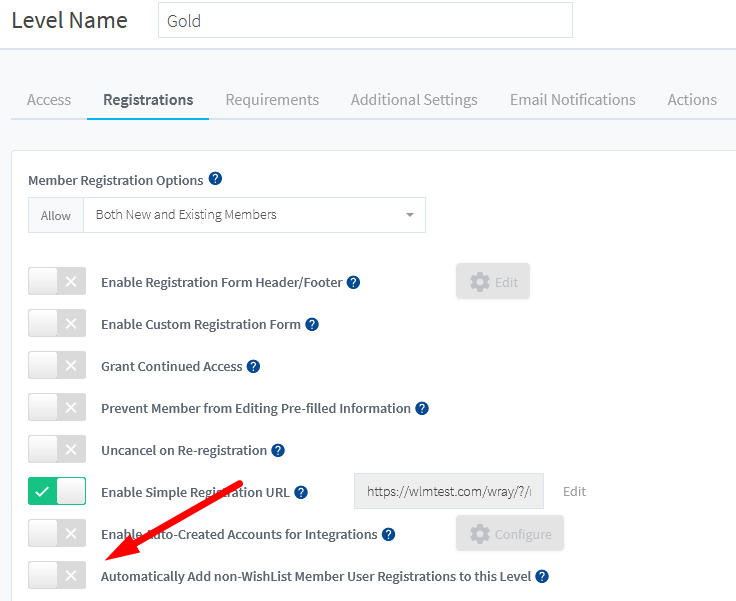 WishList Member Registration Settings