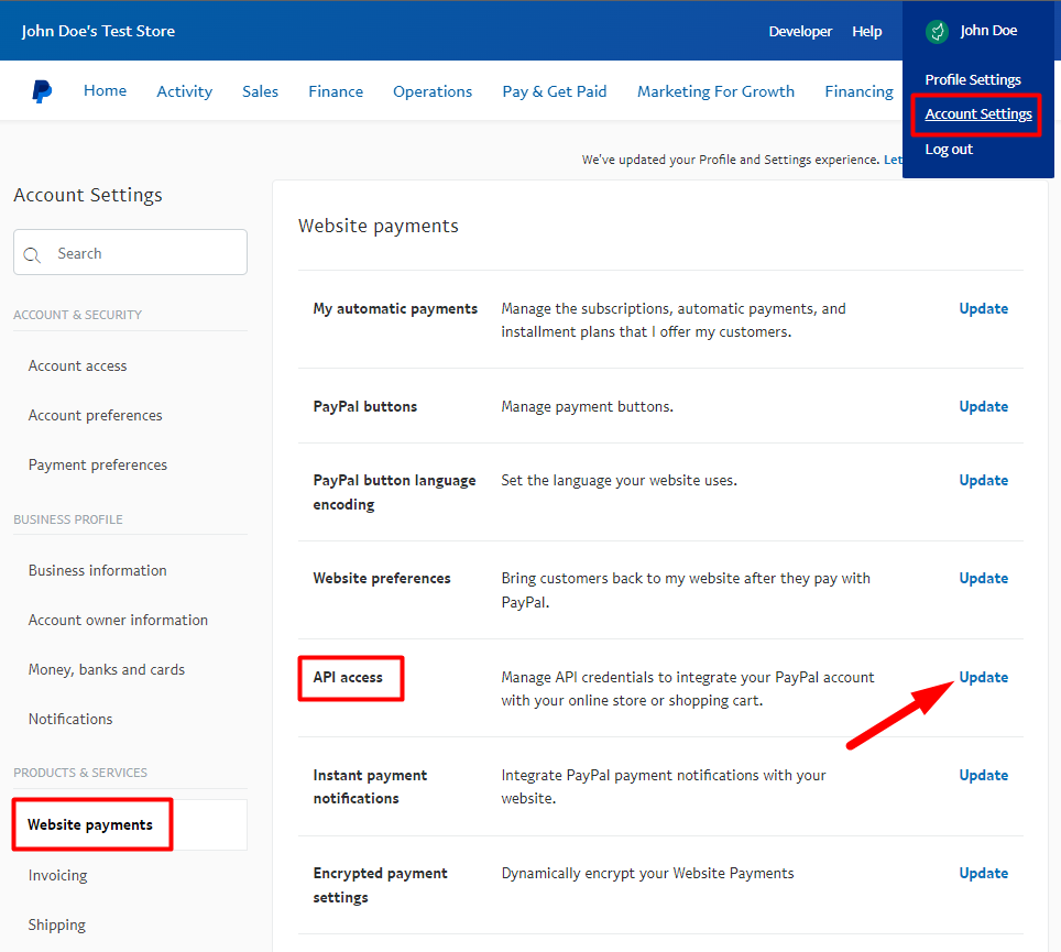 PayPal - Website Payments > API Access