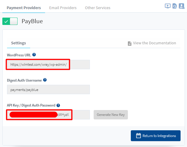 PayBlue WordPress URL and API Key