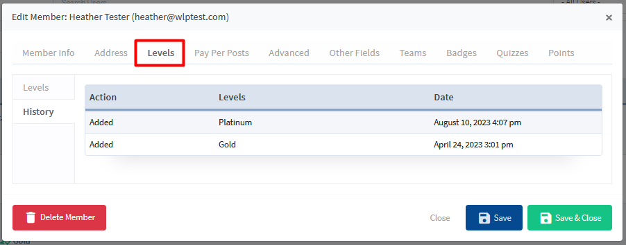 Manage Members - Levels History