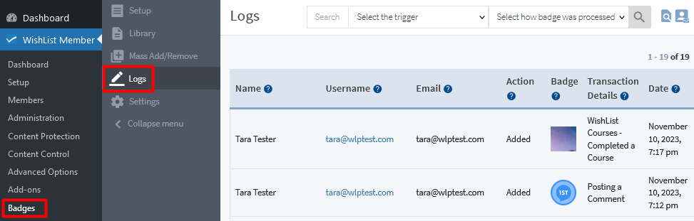 CourseCure Badges - Badge Logs