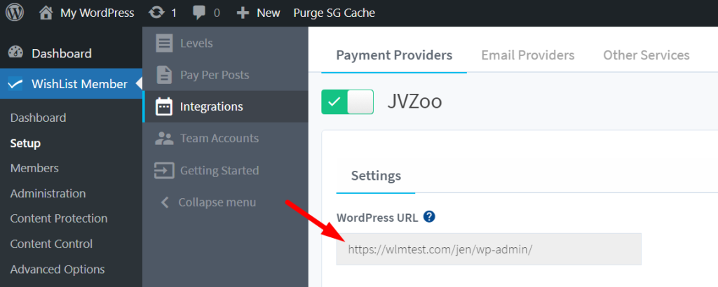 JVZoo Integration page at WishList Member with a red arrow pointing to the WordPress URL.